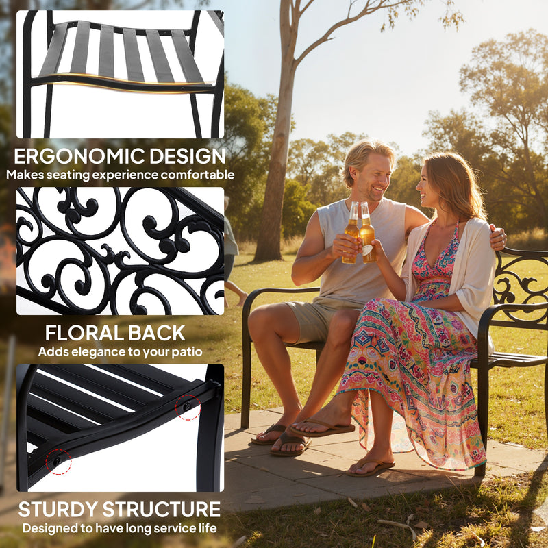 Metal Garden Bench with Decorative Backrest and Armrests for Outdoor Seating Black