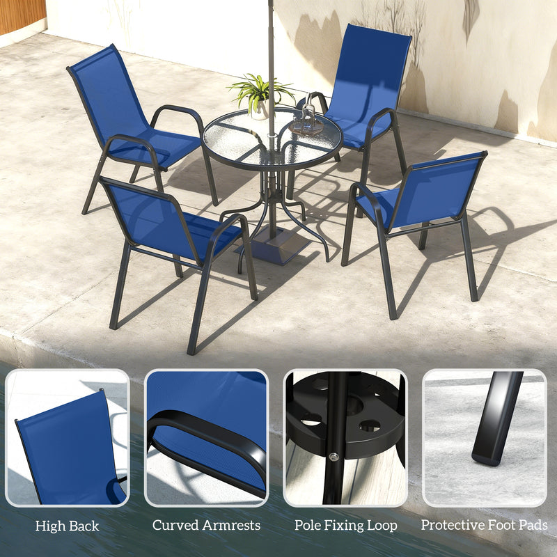 4 Seater Garden Furniture Set with Stackable Chairs and Easy Clean Round Glass Table for Outdoor Use Dark Blue Outsunny