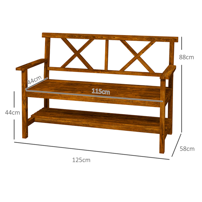 Natural Fir Wood Two Seater Garden Bench With Storage Shelf For Patio Or Balcony Use