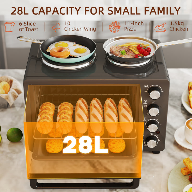 Black 28L Mini Oven with Hot Plates Grill Bake Roast Boil 2600W by HOMCOM