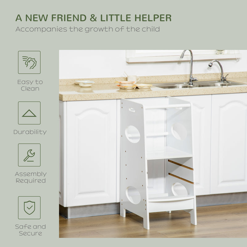 White Toddler Step Stool With Safety Rail Adjustable Kitchen Helper Tower For Kids