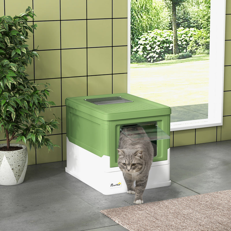 Hooded Cat Litter Box With Scoop Front Entry Design For Easy Cleaning, Light Green