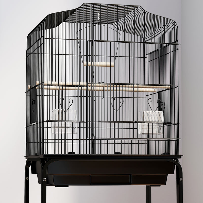 Black Bird Cage for Budgies Canaries Finches with Stand Wheels Storage Shelf by PawHut