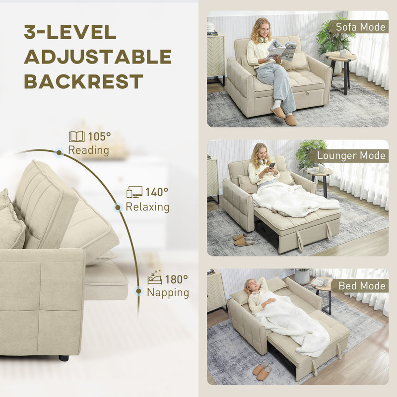 Sofa Bed, 3-in-1 Light Brown 2 Seater Pull Out Sofa Bed With Adjustable Backrest And Pillows For Small Spaces