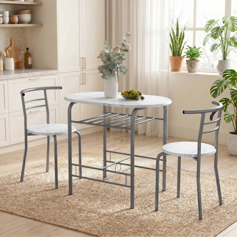 Compact Dining Table and 2 Chairs with Shelf for Small Kitchens White Marble Effect