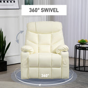 Manual Reclining Swivel Armchair With Footrest And Cup Holders For Lounge Use, Cream
