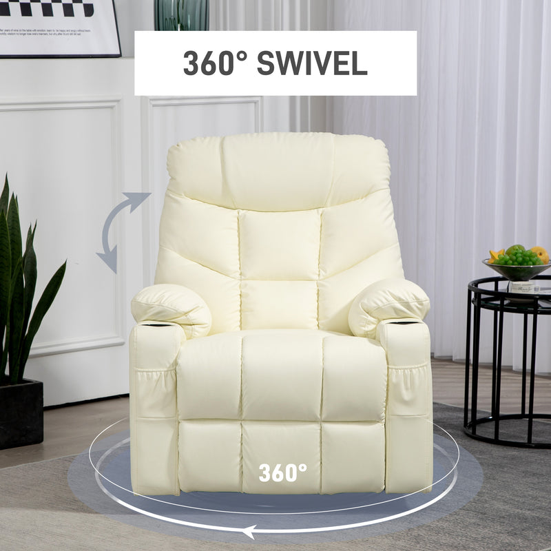 Manual Reclining Swivel Armchair With Footrest And Cup Holders For Lounge Use, Cream