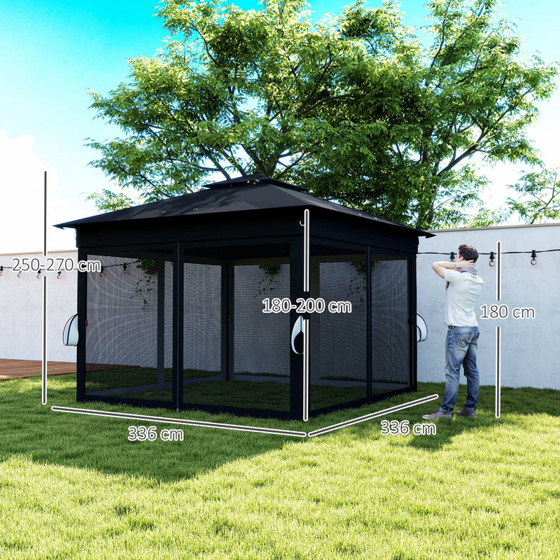 Black 3 x 3m Pop Up Gazebo With Solar LED Lights and Netting by Outsunny