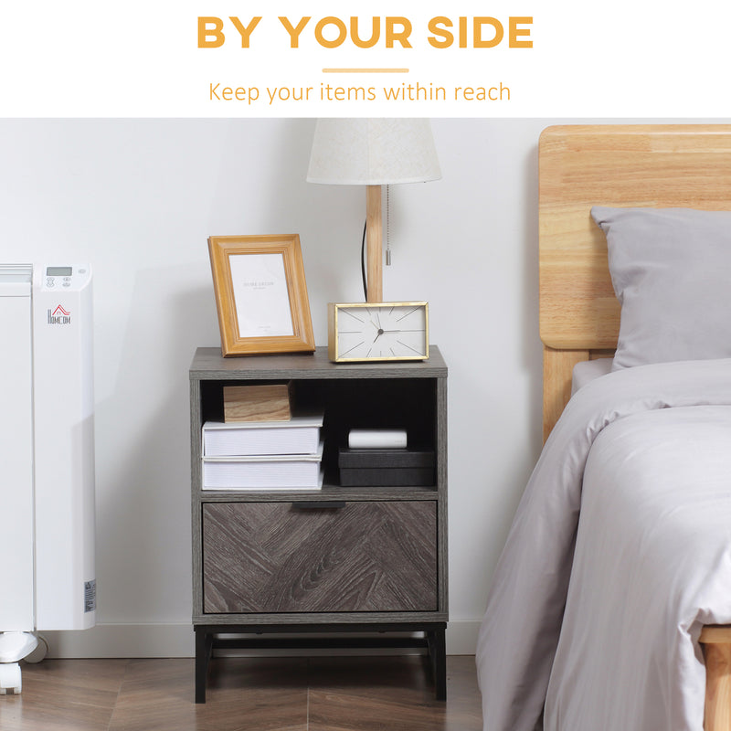 Bedside Table with Drawer and Open Shelf for Bedroom or Lounge with Steel Legs Dark Grey