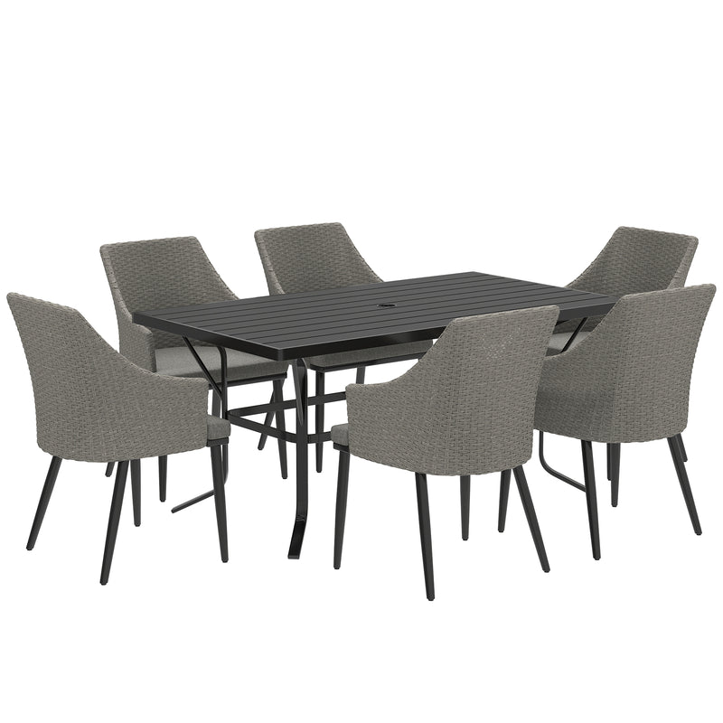 Grey 6 Seater Rattan Patio Dining Set with Cushions and Slatted Table for Garden by Outsunny