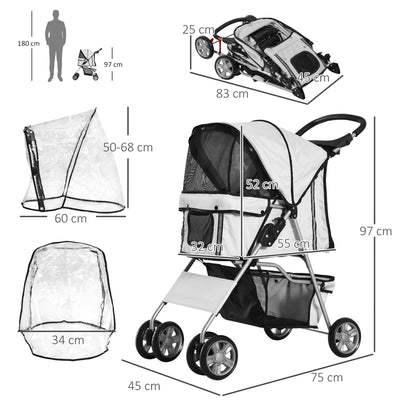 Folding Dog Stroller With Rain Cover And Storage Basket For Small Pets Grey AOSOM