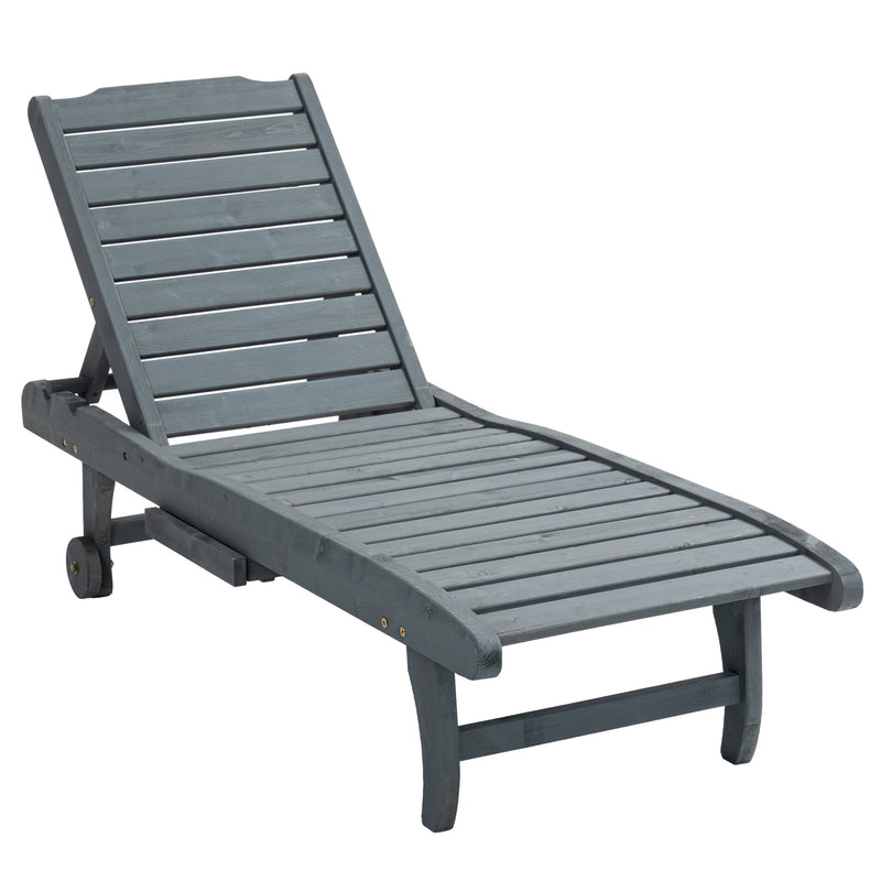 Grey Wooden Sun Lounger with Built-In Table Reclining Backrest and Wheels by Outsunny