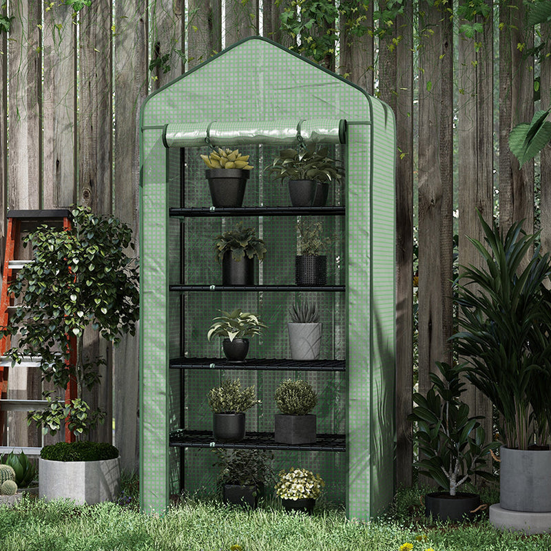 5 Tier Portable Mini Greenhouse with Roll Up Door and Shelves for Indoor Outdoor Use Green
