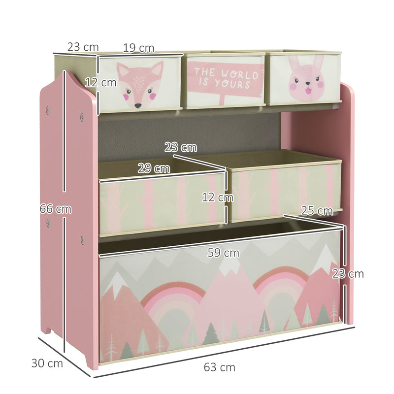 Kids Storage Unit with 6 Fabric Bins Ideal for Bedrooms and Playrooms, Pink