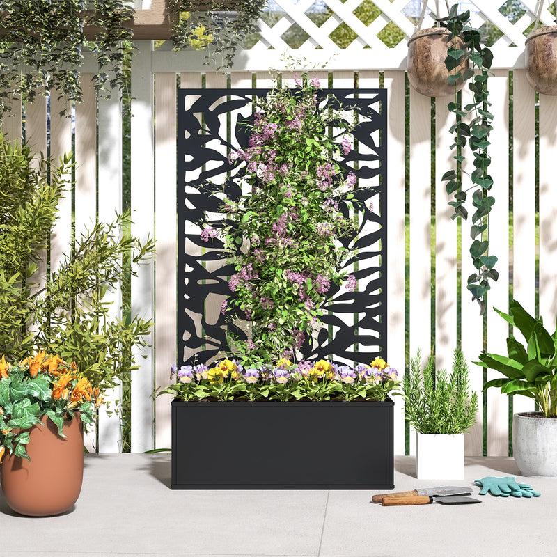 Outsunny Metal Garden Bed with Trellis, Wall Mounted or Freestanding Raised Planter with Privacy Panel, Black Outsunny