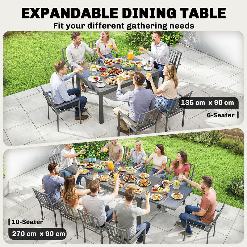 Extendable Garden Dining Table for 6 to 10 People with Easy Clean Glass Top Grey Outsunny