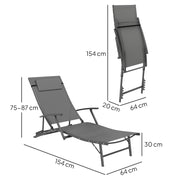 Set of 2 Grey Folding Sun Loungers with Adjustable Backrest and Pillows for Garden and Beach by Outsunny