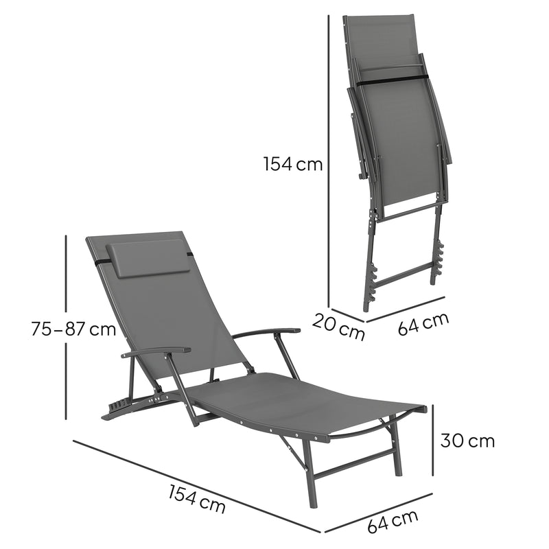 Set of 2 Grey Folding Sun Loungers with Adjustable Backrest and Pillows for Garden and Beach by Outsunny