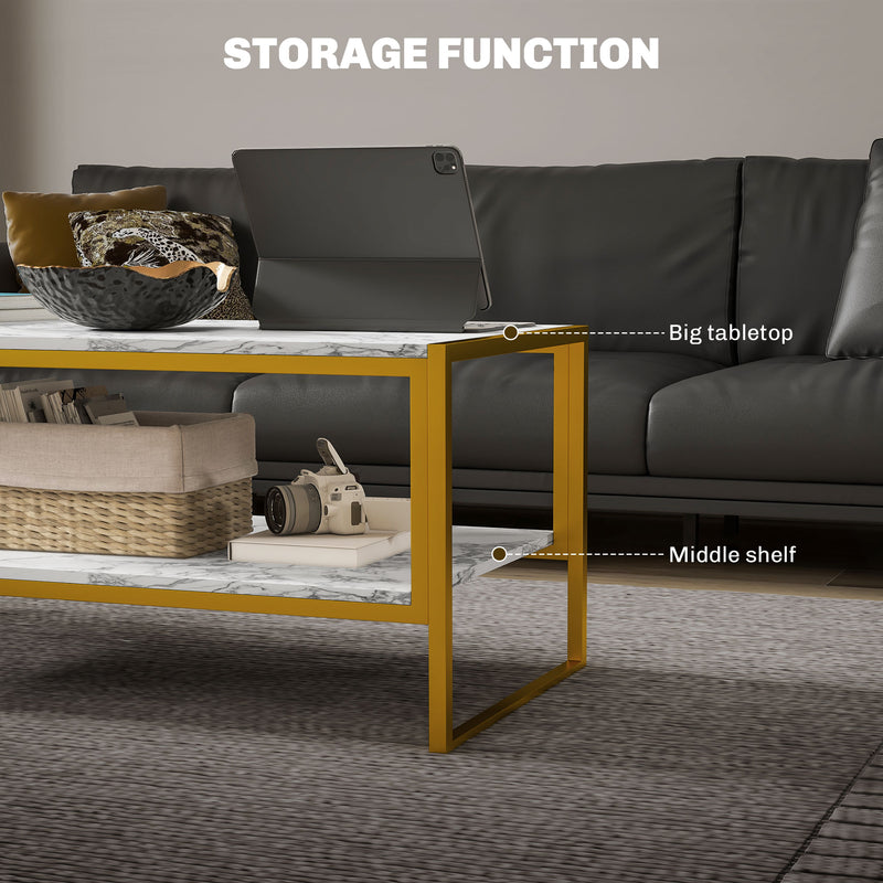 Two Tier Marble Coffee Table With Storage Shelf For Living Room Metal Frame, White
