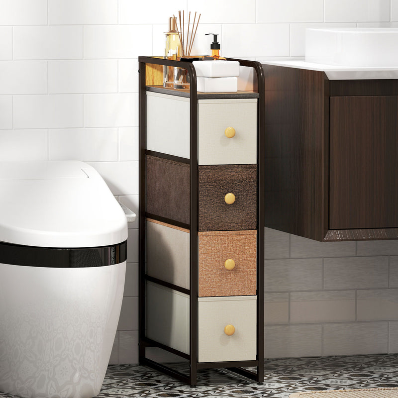 Slim Chest of Drawers for Narrow Spaces with 4 Fabric Drawers and Guardrail Top Multicoloured