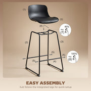 Set of 2 Bar Stools with Cushioned Seat and Easy Clean Surface for Kitchen Black AOSOM