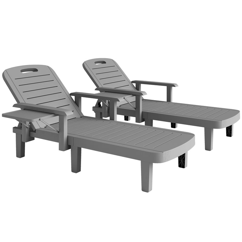 Set of 2 Dark Grey Reclining Sun Loungers with Adjustable Backrest and Side Table by Outsunny
