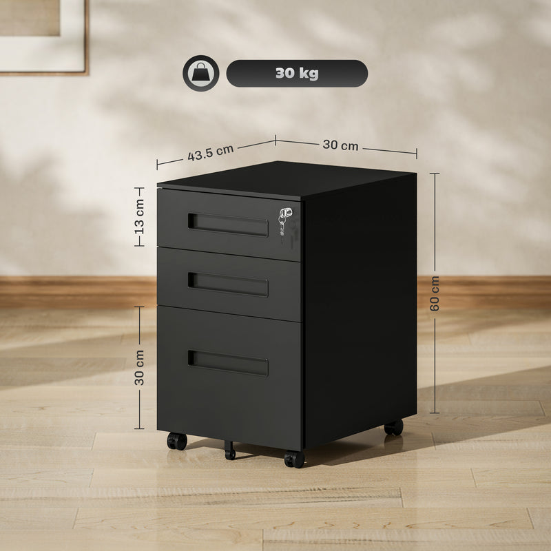Black Metal Mobile File Cabinet with Lockable Drawers and Wheels for Home Office by Vinsetto