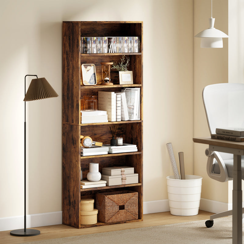 6 Tier Wooden Bookcase With Open Shelves For Living Room Or Office Rustic Brown AOSOM