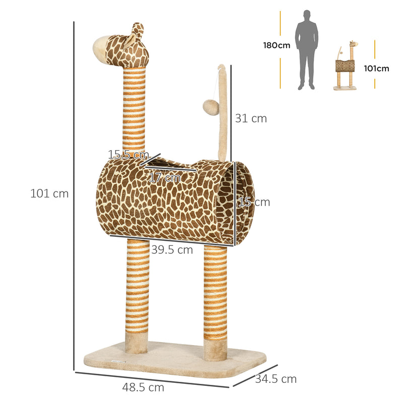 Giraffe Cat Tree with Scratching Posts Tunnel and Hanging Toy for Indoor Play Beige
