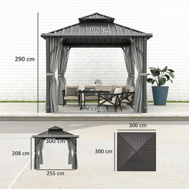 3x3m Metal Roof Garden Gazebo with Privacy Curtains and Mesh Sides for Year Round Shelter Grey