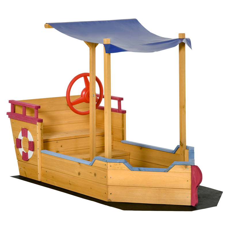 Wooden Pirate Ship Sandpit for Kids with Canopy Storage Bench and Liner Outdoor Play Brown