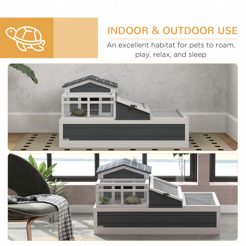 Grey Wooden Tortoise House 3 Room 2 Storey with Ladder and Openable Roof by PawHut