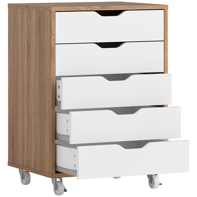 Oak Brown 5 Drawer Filing Cabinet with Wheels for Home Office by Vinsetto