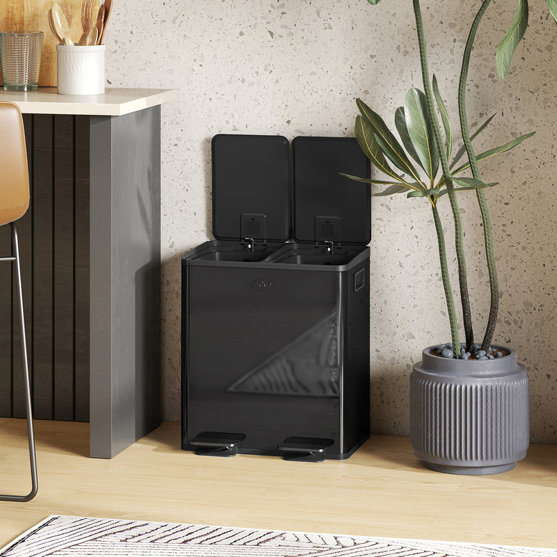 40L Double Compartment Indoor Recycling Bin with Deodorisers in Stainless Steel Glossy Black Finish