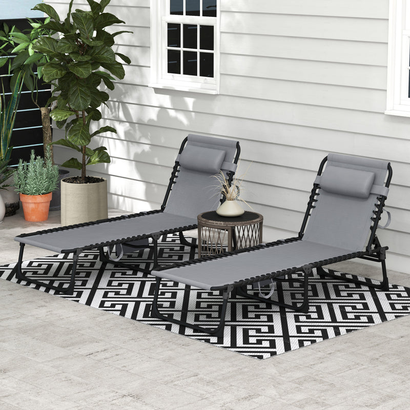 Set of 2 Grey Folding Sun Loungers with Adjustable Backrest for Garden Beach or Patio