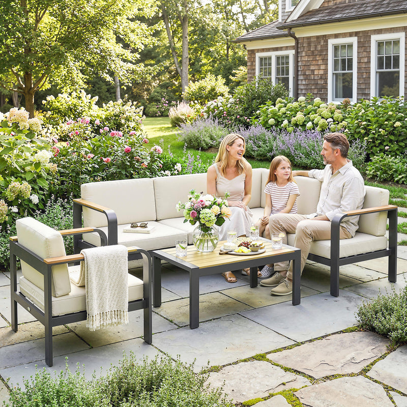 3-Piece Modular Garden Sofa Set with 12cm Cushions, L-Shaped Sofa and Coffee Table, Beige Outsunny