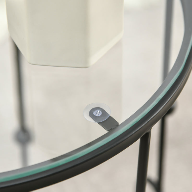 Nesting Side Tables Set of 2 Space Saving Coffee Tables with Glass Tops Black