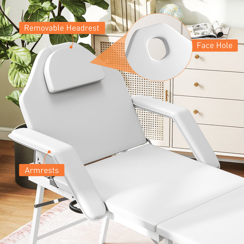 3 Section Foldable Massage Table with Adjustable Backrest for Spa and Beauty Treatment White