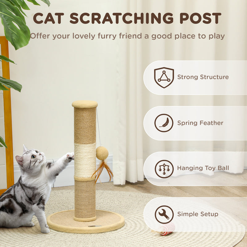 Brown Cat Scratching Post 47cm with Jute Sisal Rope and Hanging Toy Ball by PawHut