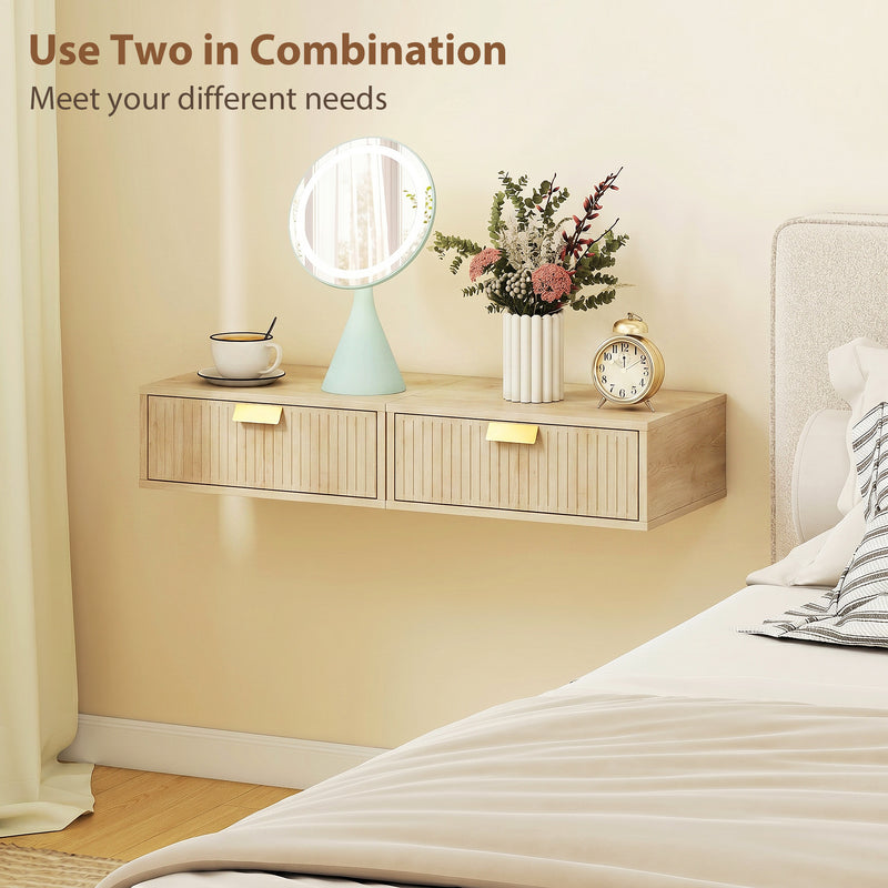 Floating Wall Mounted Bedside Table Set with Drawer for Clutter Free Storage Oak