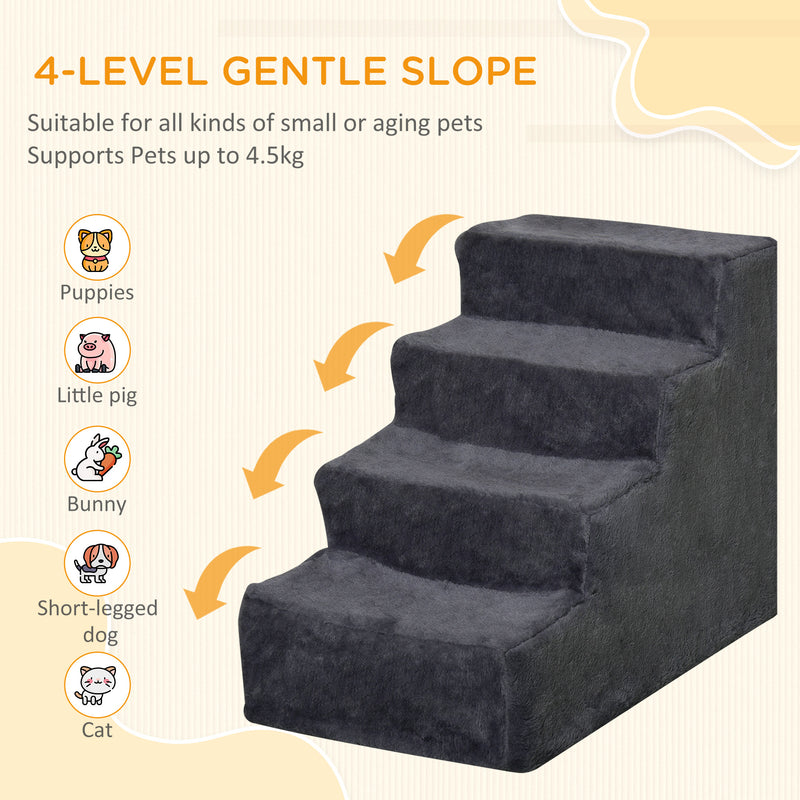 Dark Grey Four Step Dog Stairs With Washable Cover For Small Pets To Reach High Beds AOSOM