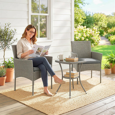 Rattan Garden Bistro Set for Small Spaces with Cushioned Chairs and Glass Table Outsunny