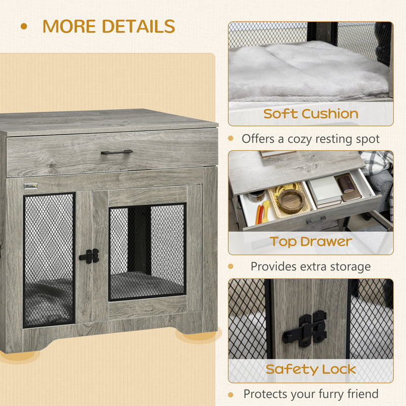 Dog Crate End Table with Two Doors and Storage Drawer for Medium Dogs Grey