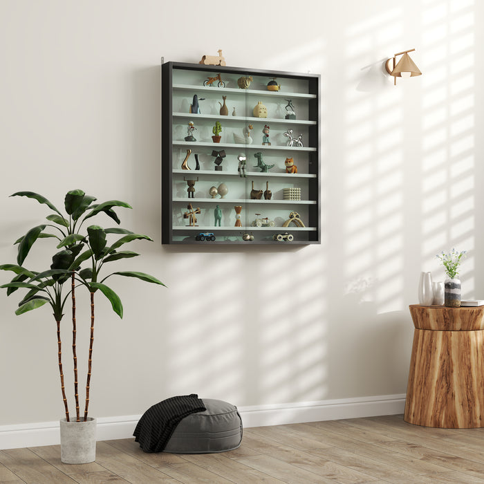 Black and White 7 Tier Wall Display Cabinet with Glass Doors and Adjustable Shelves by HOMCOM