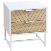 White and Oak Bedside Table with 2 Drawers and Metal Frame for Bedroom or Living Room