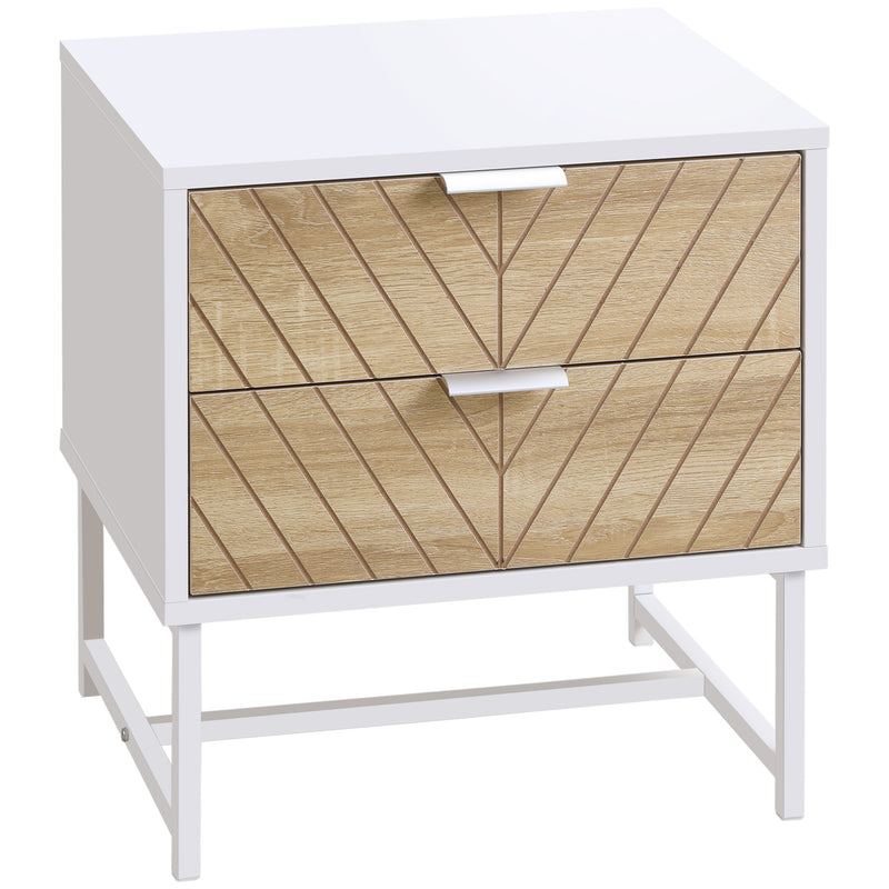 White and Oak Bedside Table with 2 Drawers and Metal Frame for Bedroom or Living Room