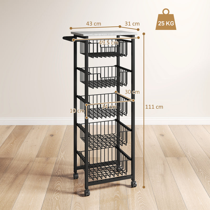 Mobile Kitchen Island with Five Storage Baskets and Lockable Wheels for Easy Movement Grey Black