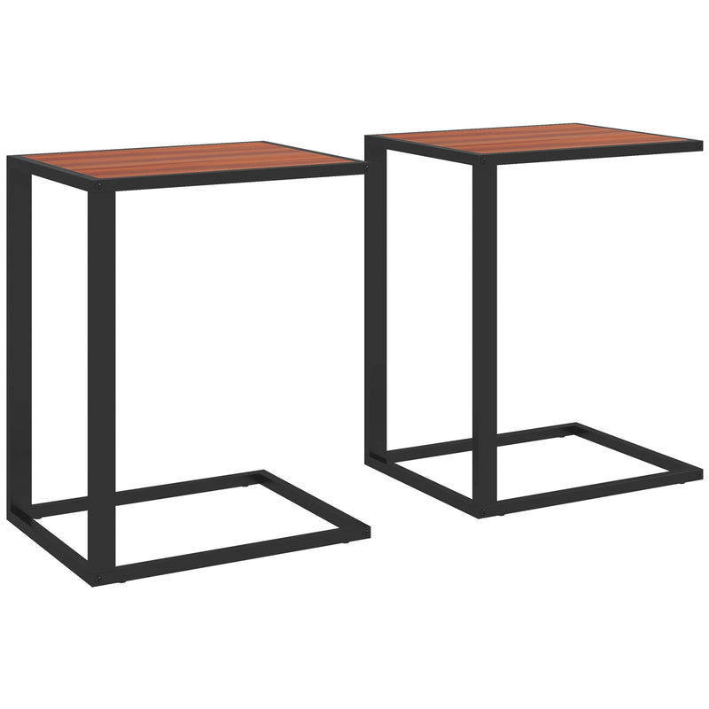 Set of 2 C Shaped Sofa Side Tables with Metal Frame for Living Room or Bedroom, Walnut and Black