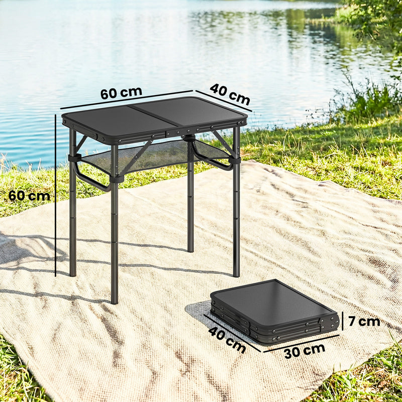 Folding Camping Table with Adjustable Height and Mesh Shelf for Picnics and BBQs Black