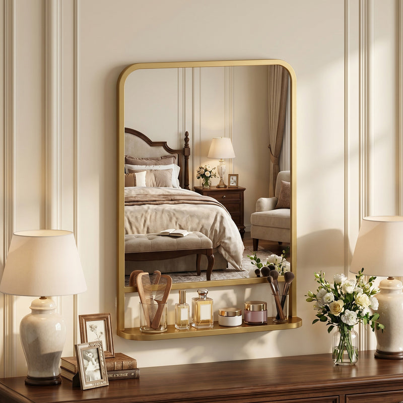 Hallway Wall Mirror with Shelf for Keys and Essentials Medium Size Gold